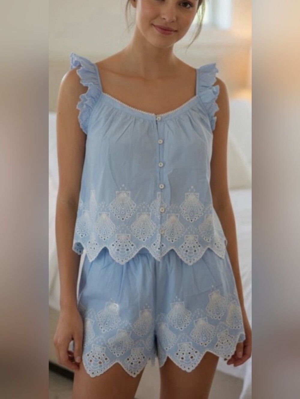 Calypso St Barth Pajama Sleep Set S Brand New Light Blue Eyelet Ruffle Seashell
